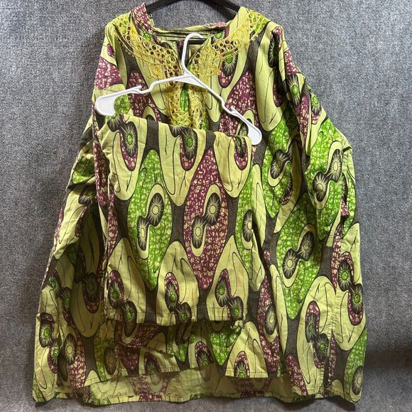 Unisex African Dashiki Tunic – Green and Purple Wax Print – Traditional Boho Fit - Picture 2 of 16